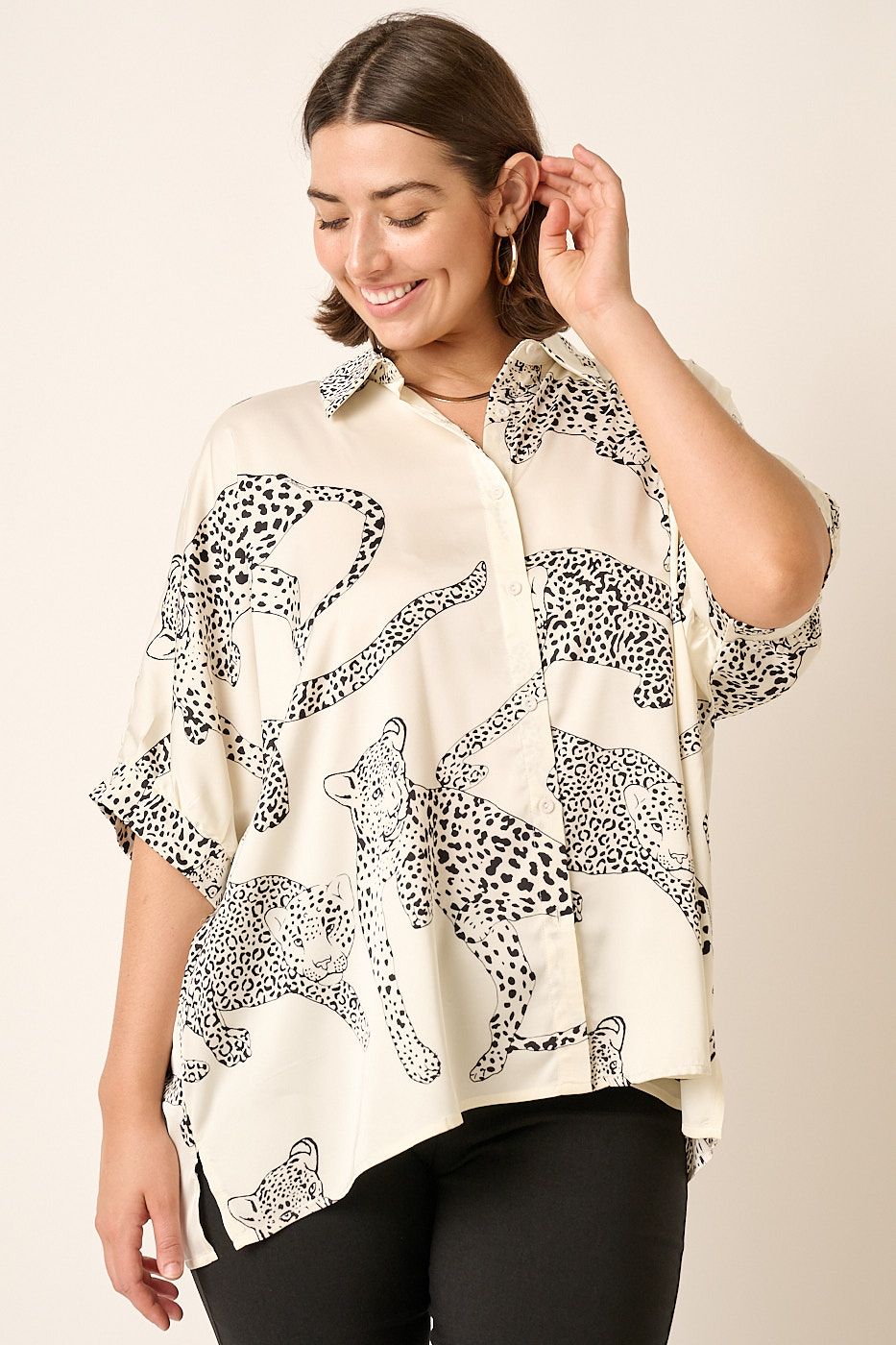 Ivory Satin Leopard Dolman Sleeve Blouse